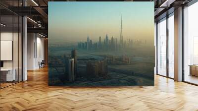 A panoramic view of a modern city skyline at sunrise, highlighting skyscrapers and urban landscape. Wall mural