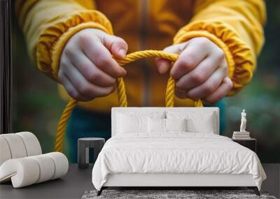 A person in a yellow jacket holds two strands of yellow rope outdoors. Wall mural