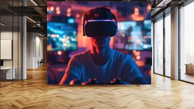 A person wearing a VR headset engages with video games in a colorful, illuminated room. Wall mural