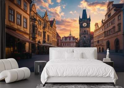 A picturesque square at sunset, featuring historic architecture and a clock tower. Wall mural