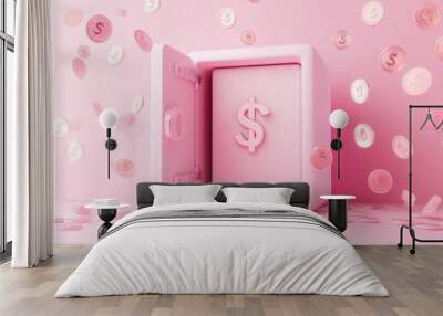 A pink safe with an open door, surrounded by floating coins, symbolizing wealth and savings. Wall mural