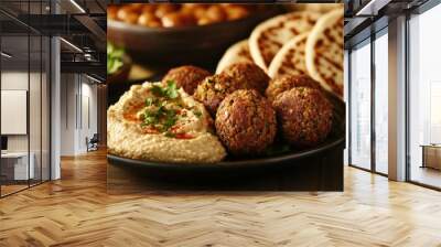 A plate of falafel and hummus garnished with herbs, served with flatbreads in the background. Wall mural