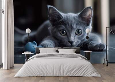 A playful gray kitten is lying on a surface, engaging with small colorful toys. Wall mural