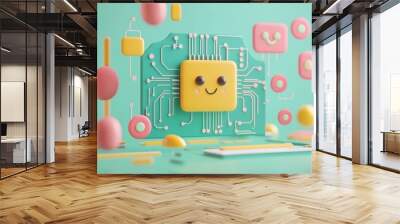 A playful illustration of a smiling microchip surrounded by colorful shapes and circuits. Wall mural