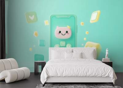 A playful smartphone design featuring cute icons and a friendly character. Wall mural