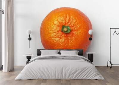 A realistic depiction of a single orange with a textured surface and green stem. Wall mural