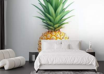 A realistic illustration of a ripe pineapple with vibrant green leaves on a white background. Wall mural