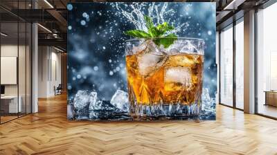 A refreshing cocktail splashing in a glass with mint and ice. Wall mural