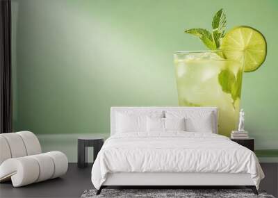 A refreshing cocktail with lime, mint, and ice, set against a soft green background. Wall mural