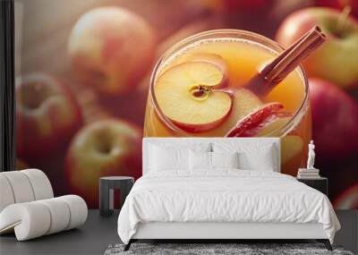 A refreshing drink with apple slices and a cinnamon stick, surrounded by fresh apples. Wall mural