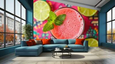 A refreshing pink beverage garnished with mint, surrounded by lime slices on a vibrant background. Wall mural