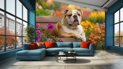 A relaxed bulldog sitting on a bench surrounded by colorful flowers in a garden. Wall mural