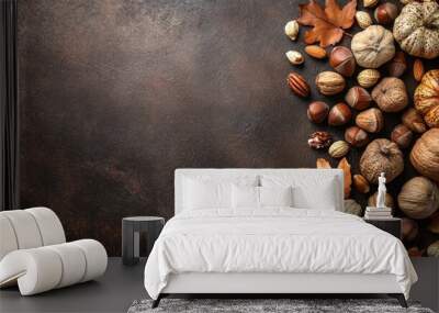 A rustic arrangement of autumn leaves, nuts, and pumpkins on a dark background. Wall mural