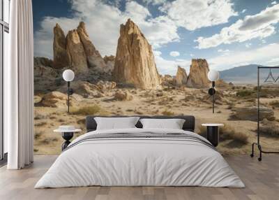 A scenic view of towering rock formations in a desert landscape under a cloudy sky. Wall mural