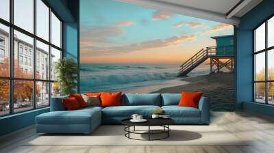 A serene beach scene featuring a lifeguard tower at sunset, with gentle waves and soft clouds. Wall mural