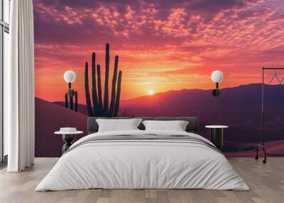 A serene desert landscape at sunset, featuring cacti and rolling sand dunes. Wall mural