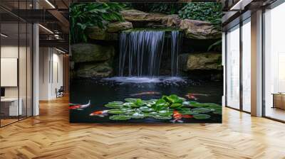 A serene garden scene featuring a waterfall, koi fish, and lily pads in a tranquil setting. Wall mural