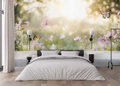 A serene garden scene with butterflies and flowers, evoking tranquility and nature's beauty. Wall mural