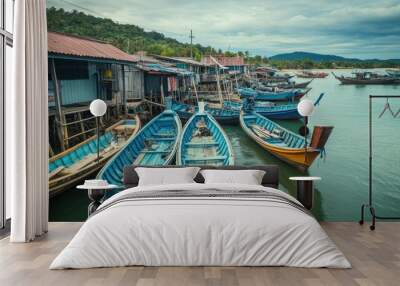 A serene harbor scene featuring colorful boats moored near rustic wooden structures. Wall mural