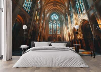 A serene interior of a grand cathedral with colorful stained glass windows. Wall mural