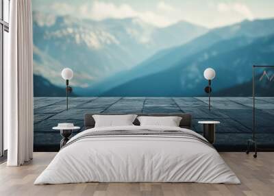 A serene landscape view with mountains and a stone surface in the foreground. Wall mural