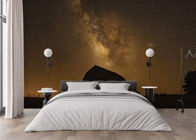 A serene night scene featuring a barn under a starry sky with the Milky Way visible. Wall mural