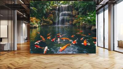 A serene pond with colorful koi fish and a tranquil waterfall surrounded by lush greenery. Wall mural