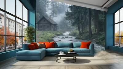 A serene riverside scene featuring a rustic cabin amidst lush trees and mist. Wall mural