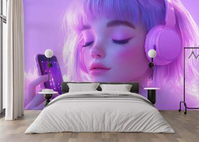 A serene young woman with pastel hair enjoys music on her phone in a vibrant, colorful setting. Wall mural