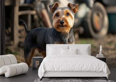 A small dog stands alert in a rustic outdoor setting, showcasing its playful demeanor. Wall mural