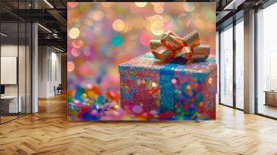 A sparkling gift box surrounded by colorful confetti, evoking celebration and joy. Wall mural