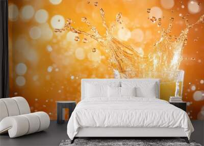 A splash of orange drink in a glass with a vibrant, blurred background. Wall mural