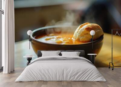 A steaming bowl of soup accompanied by a piece of bread. Wall mural