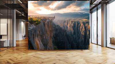 A stunning canyon view with a wooden overlook at sunset, showcasing natural beauty. Wall mural