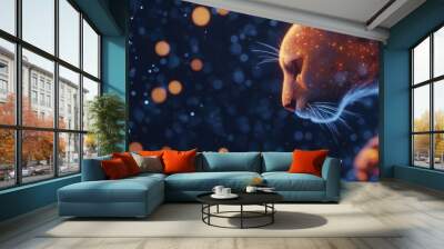 A stylized cat silhouette filled with cosmic elements against a dark background. Wall mural