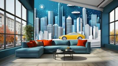 A stylized cityscape featuring a yellow car on a podium, symbolizing urban transport innovation. Wall mural