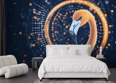 A stylized flamingo surrounded by vibrant, circular patterns and glowing dots. Wall mural