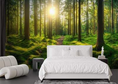 A sunlit forest path surrounded by tall trees and lush green moss. Wall mural