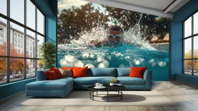 A swimmer splashes through a pool, enjoying leisure time on a sunny day. Wall mural