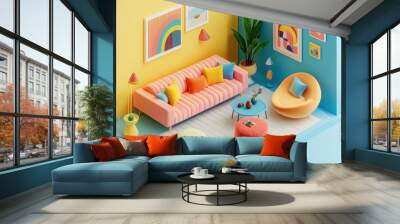 A vibrant, modern living room with colorful furniture and artwork, designed for relaxation. Wall mural