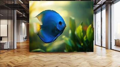 A vibrant blue fish swimming amidst lush aquatic plants in a serene underwater environment. Wall mural