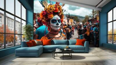 A vibrant celebration featuring a person in traditional attire with face paint and flowers. Wall mural