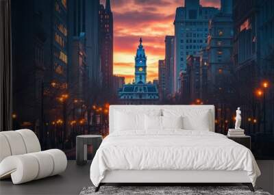 A vibrant cityscape at sunset, showcasing a clock tower amidst urban architecture. Wall mural