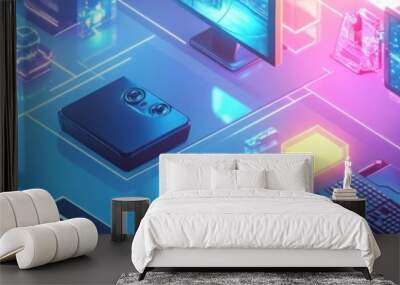 A vibrant digital illustration showcasing various gaming consoles and technology elements. Wall mural