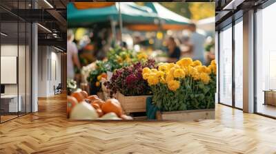 A vibrant farmers' market featuring fresh produce and flowers in a lively outdoor setting. Wall mural