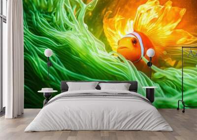 A vibrant fish with a headband swims through colorful, flowing seaweed. Wall mural