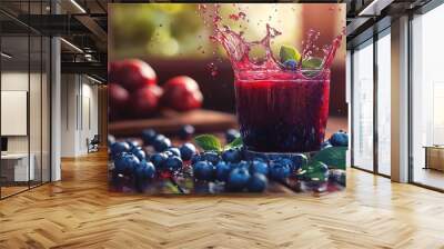 A vibrant glass of blueberry juice splashes, surrounded by fresh blueberries and mint leaves. Wall mural