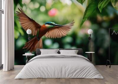 A Vibrant Green and Blue Bird in Flight Wall mural