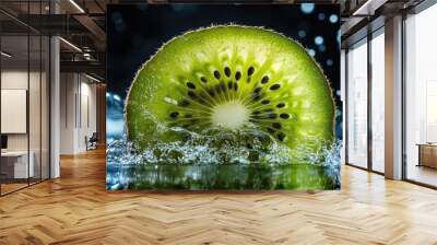 A vibrant kiwi slice splashes into water, showcasing its texture and color. Wall mural