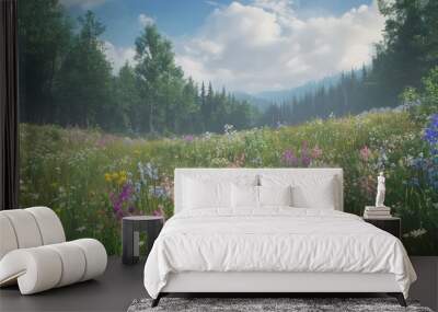 A vibrant meadow with colorful wildflowers and a mountain forest in the background Wall mural